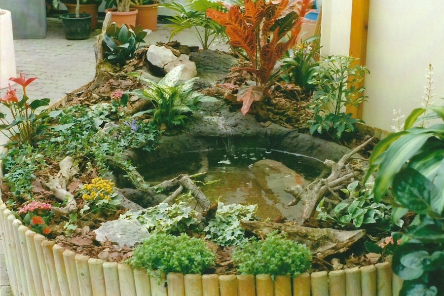 Belső térben elhelyezett dézsató szobanövényes beültetéssel